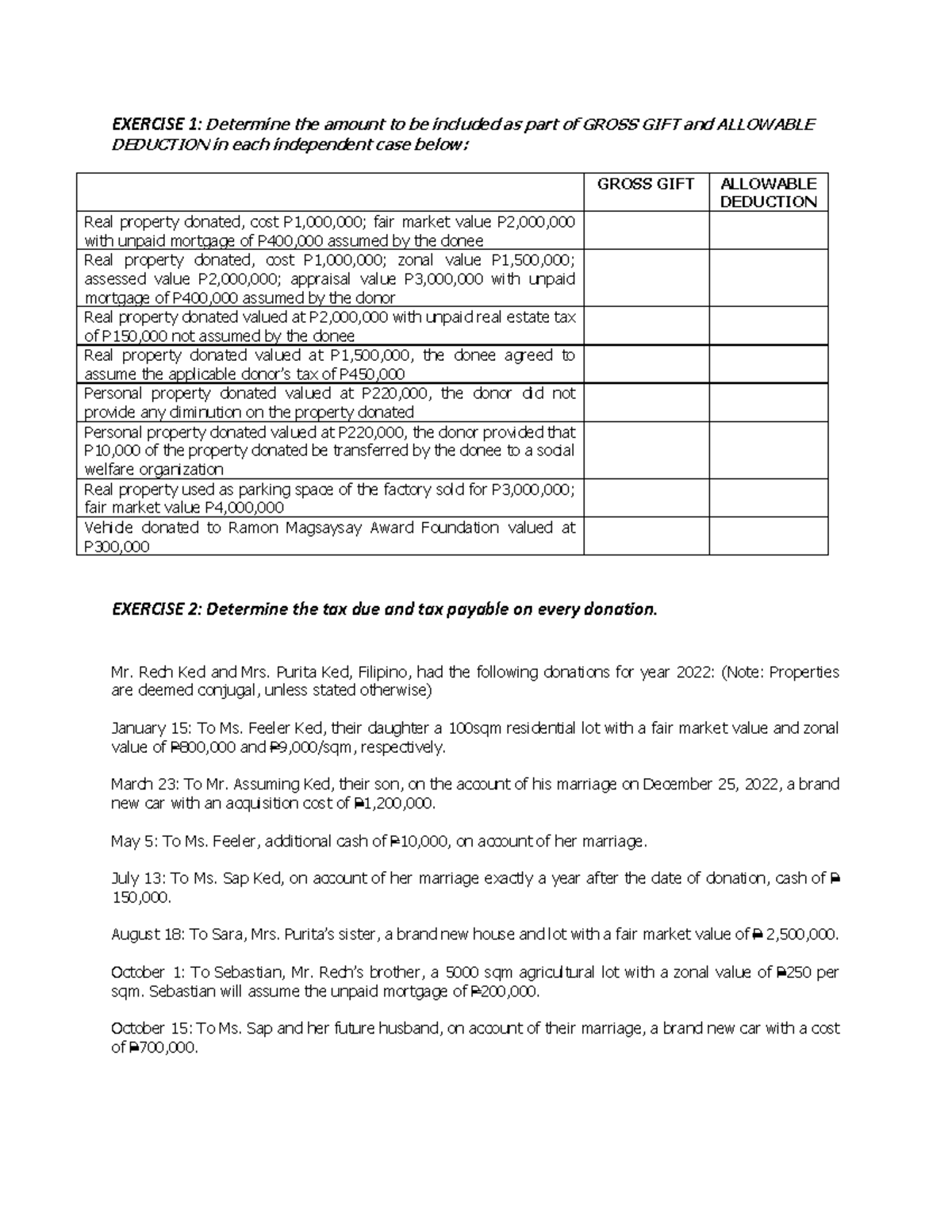 Donors Tax Analysis: GROSS GIFT & ALLOWABLE DEDUCTION Cases - Studocu