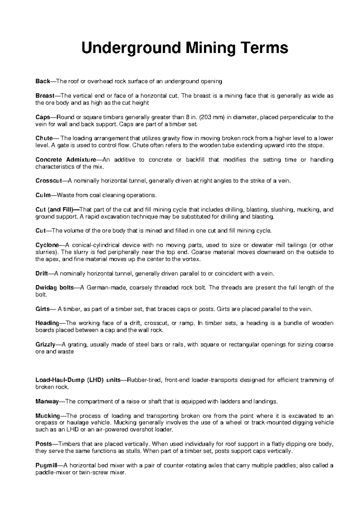 Underground Mining Terminology Glossary - Studocu