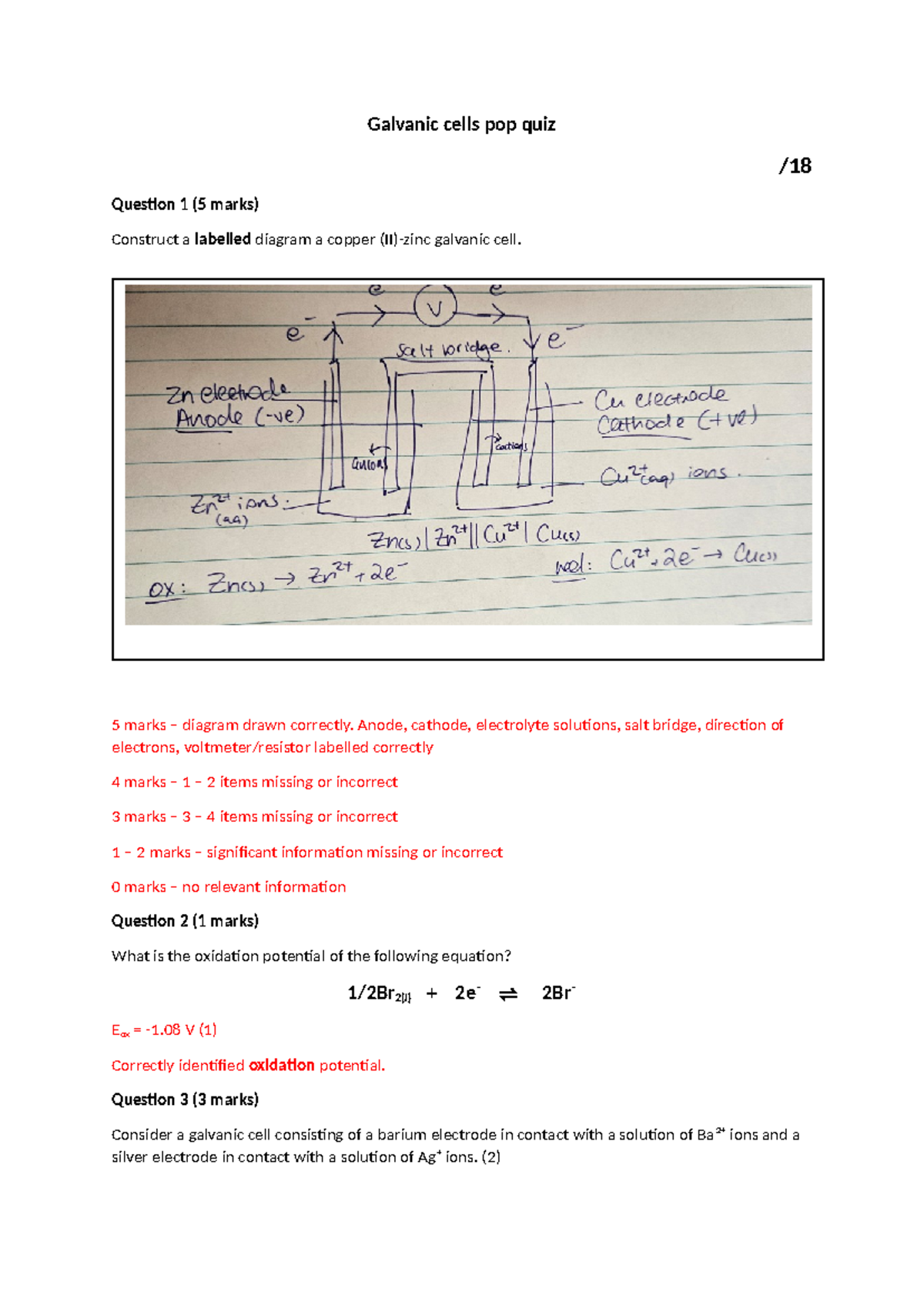 Pop Quiz 2: Galvanic Cells (Answers) - 5 Questions Explained - Studocu