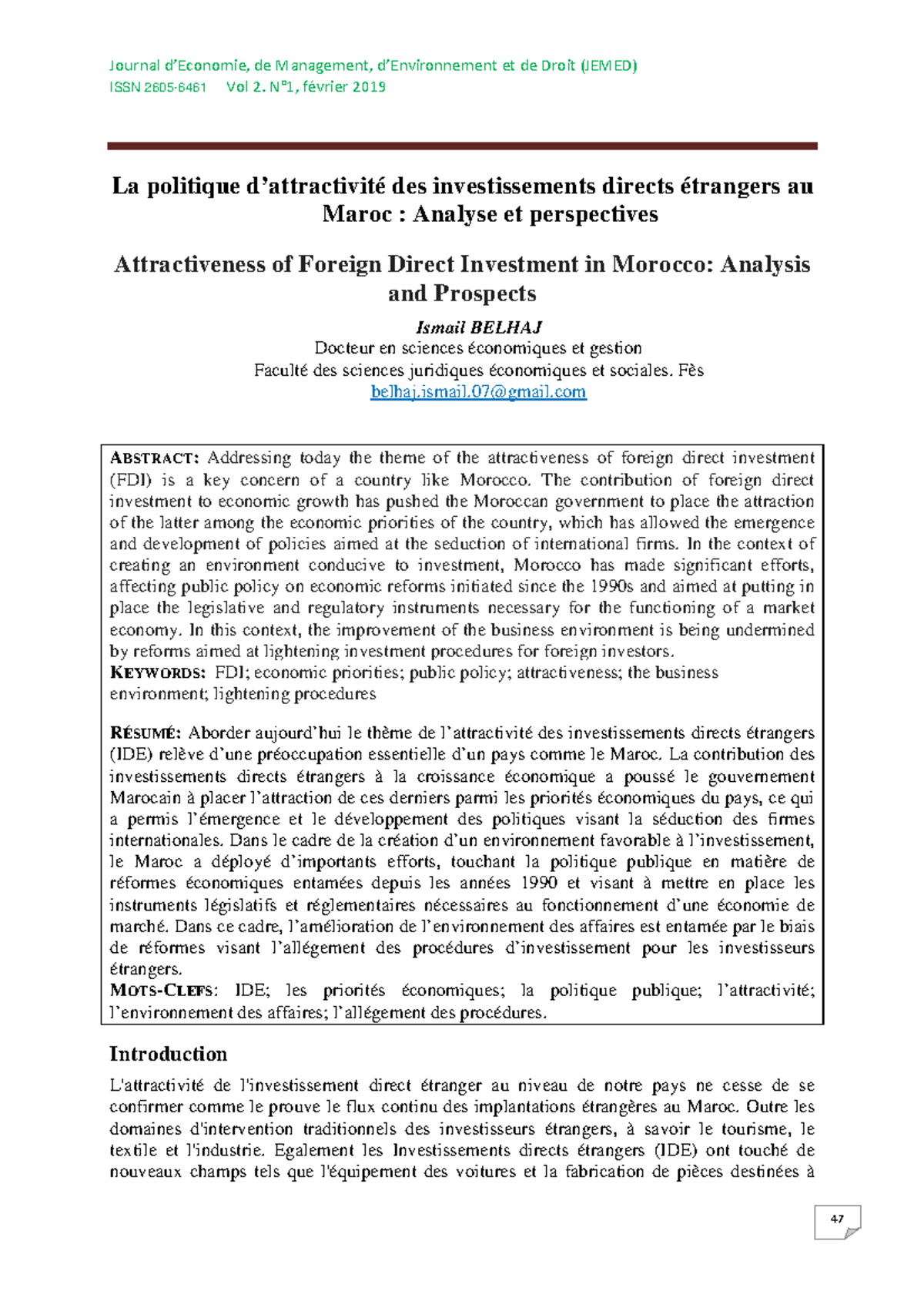 Attractivité des Investissements Directs Étrangers au Maroc : Analyse ...
