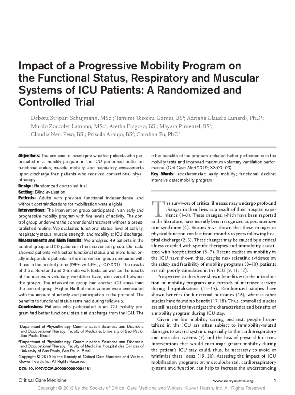 Impact of a Progressive Mobility Program on the Functional Status ...