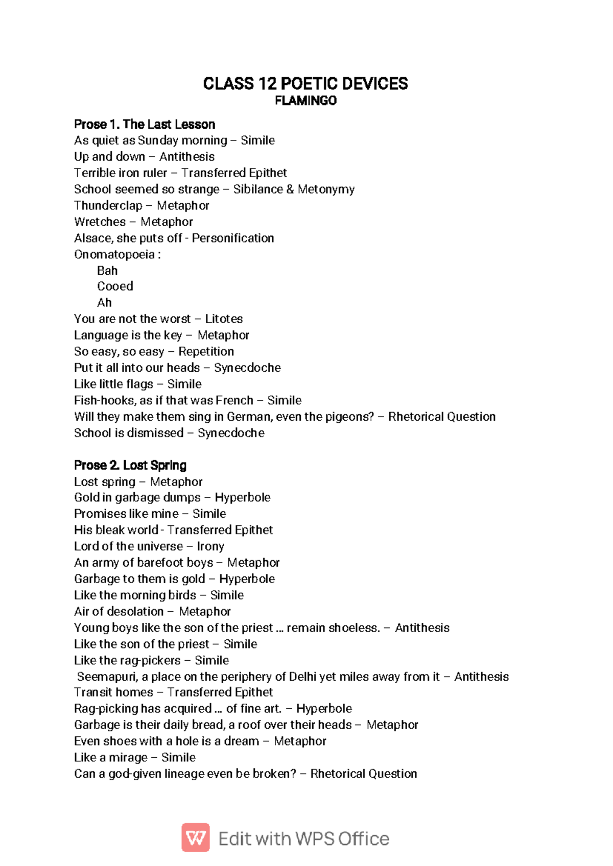 Class 12 Poetic Devices: Analysis and Examples - Studocu