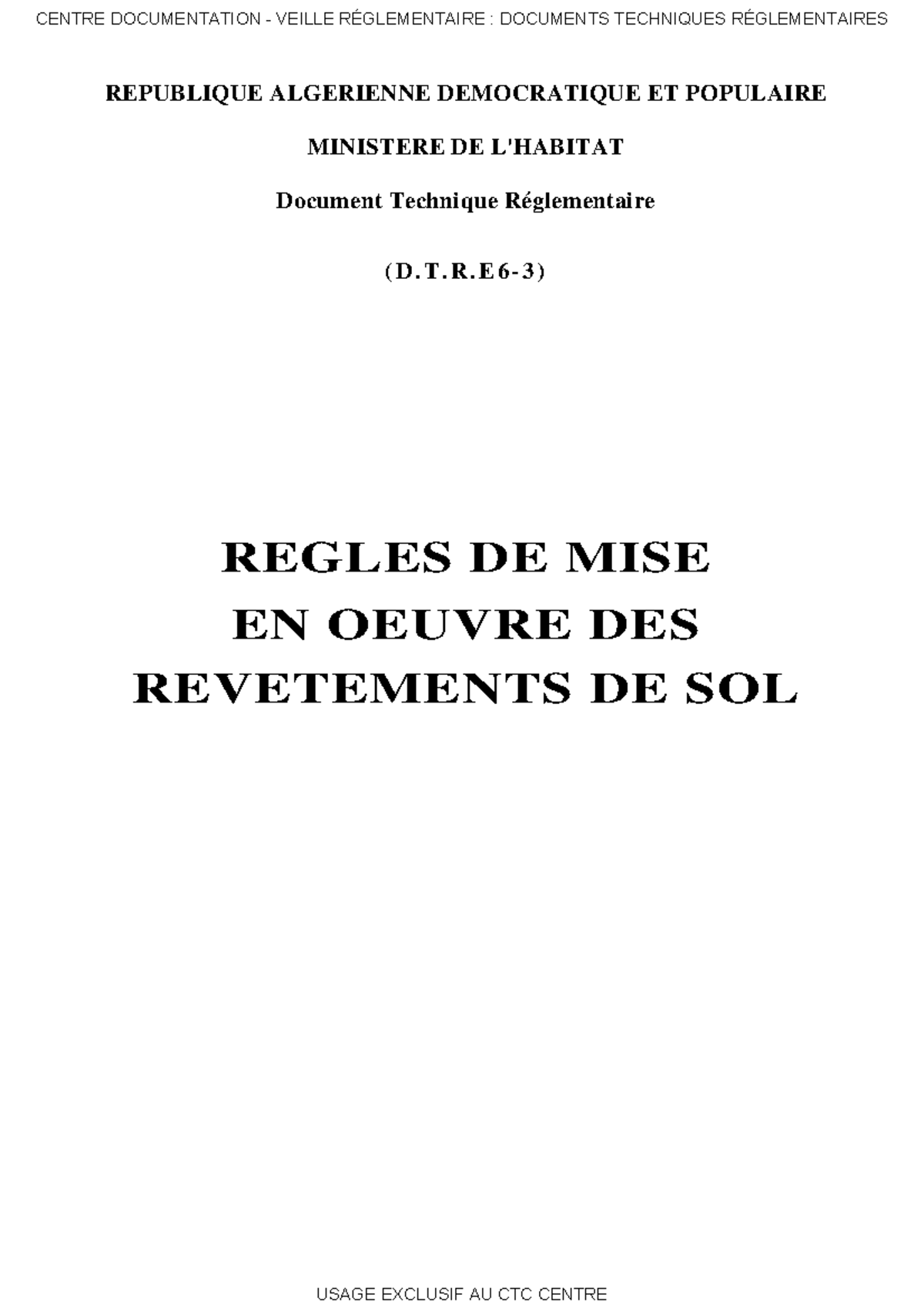 Règles de Mise en Œuvre des Revêtements de Sol - DTR E6-3 - Studocu