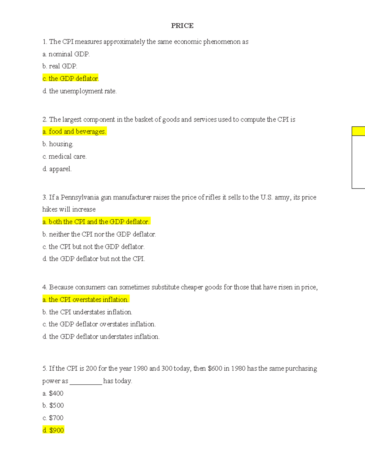 CPI and Economic Concepts Quiz - Understanding Inflation and Prices ...