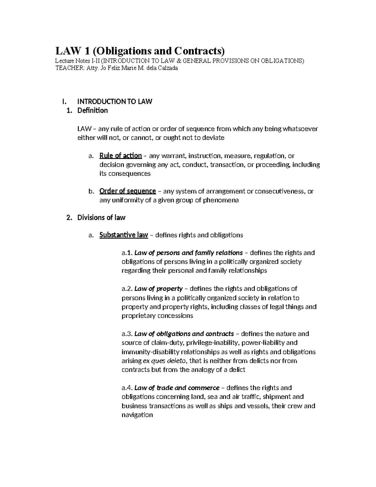 LAW 1 - Obligations and Contracts I-II Lecture Notes - Studocu