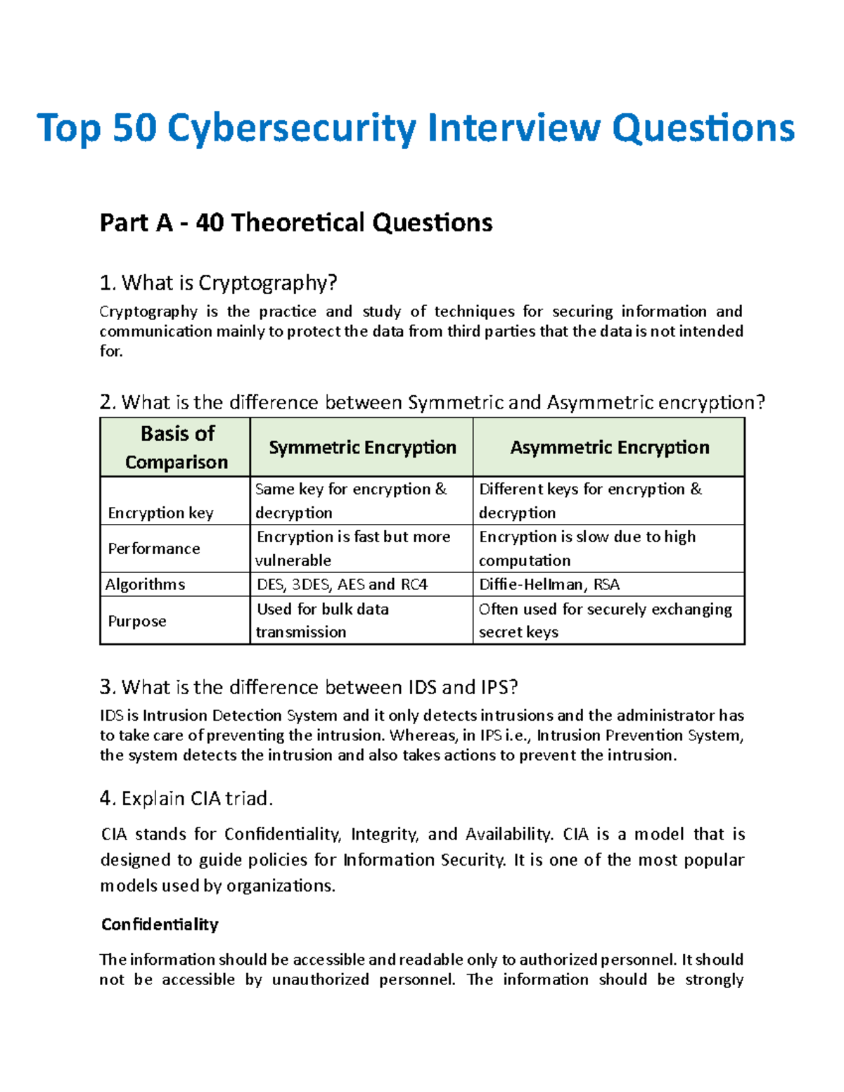 Top 50 Cybersecurity Interview Questions Part A: Theoretical Insights ...