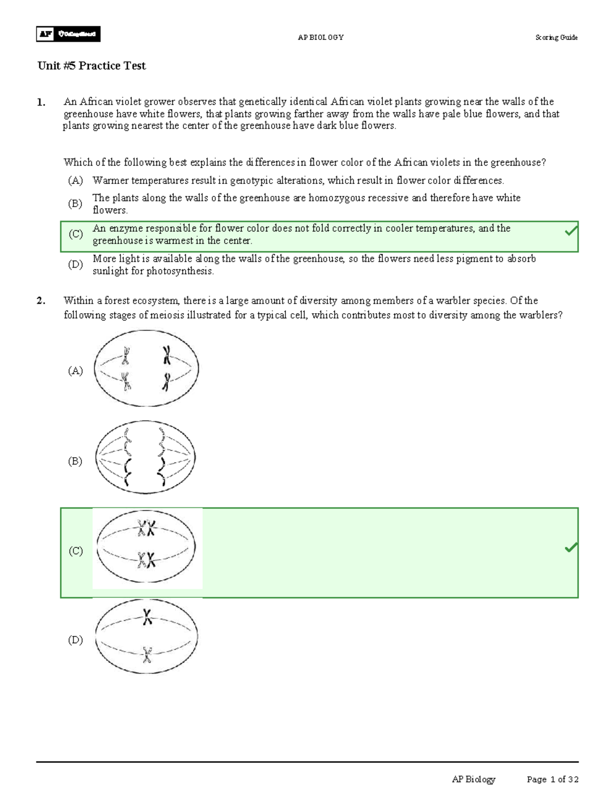 AP BIOLOGY Unit 5 Practice Test Scoring Guide - Studocu