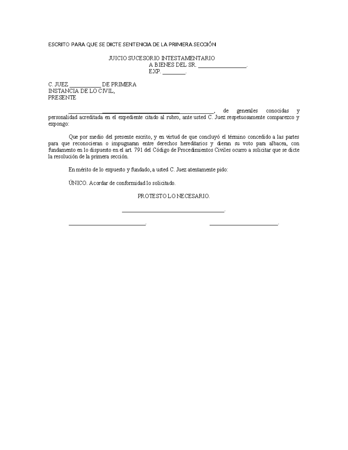 Escrito para Solicitar Sentencia en Juicio Sucesorio Intestamentario