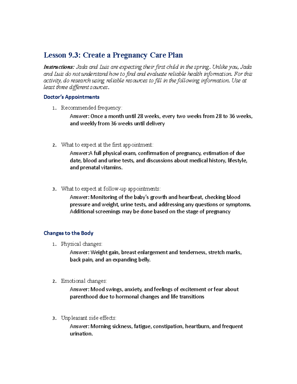 Health 1 Standard 7 Lesson 3: Pregnancy Care Plan Instructions - Studocu
