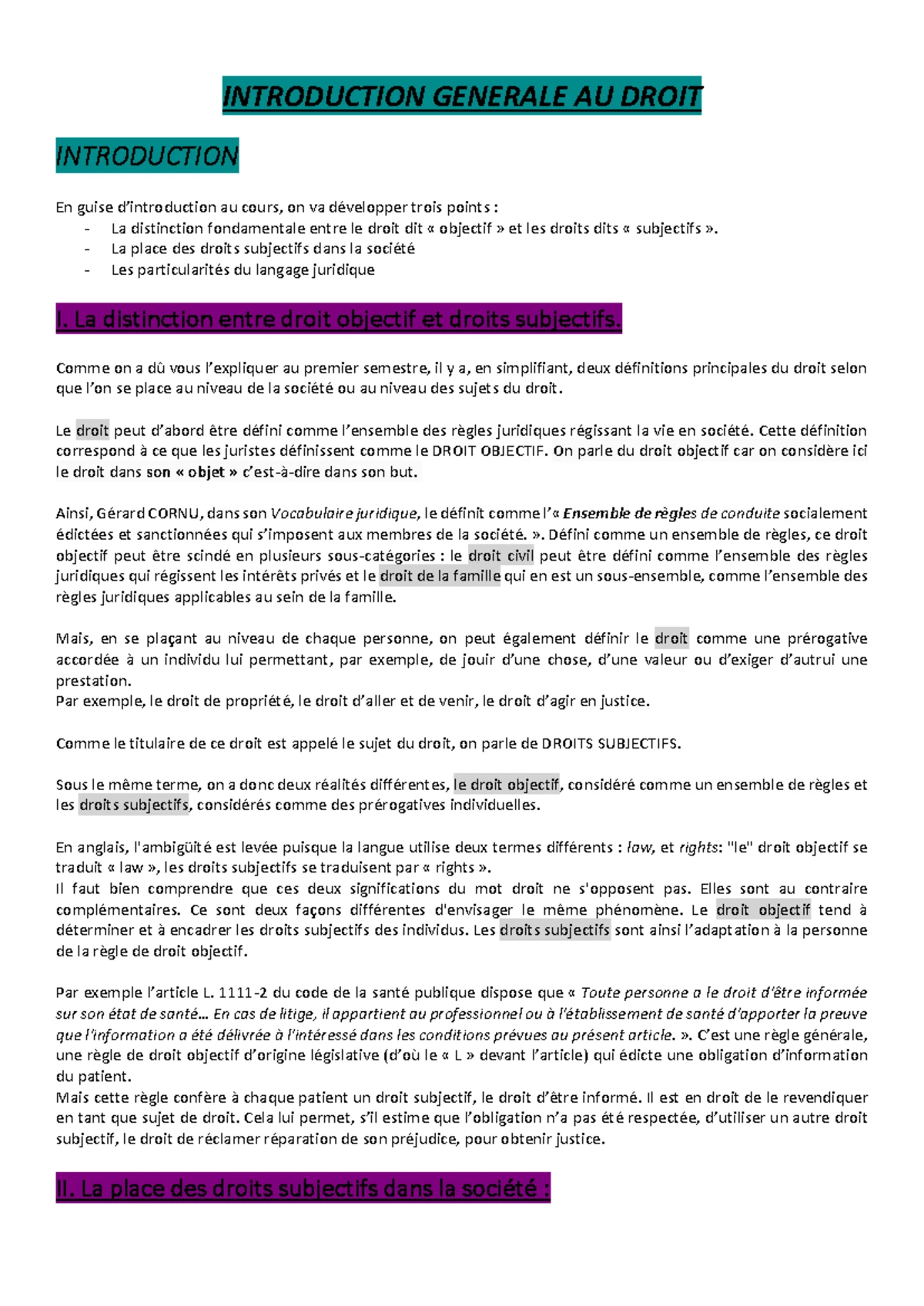 Présentation Générale du Droit - Introduction au Droit - Cours 1 - Studocu