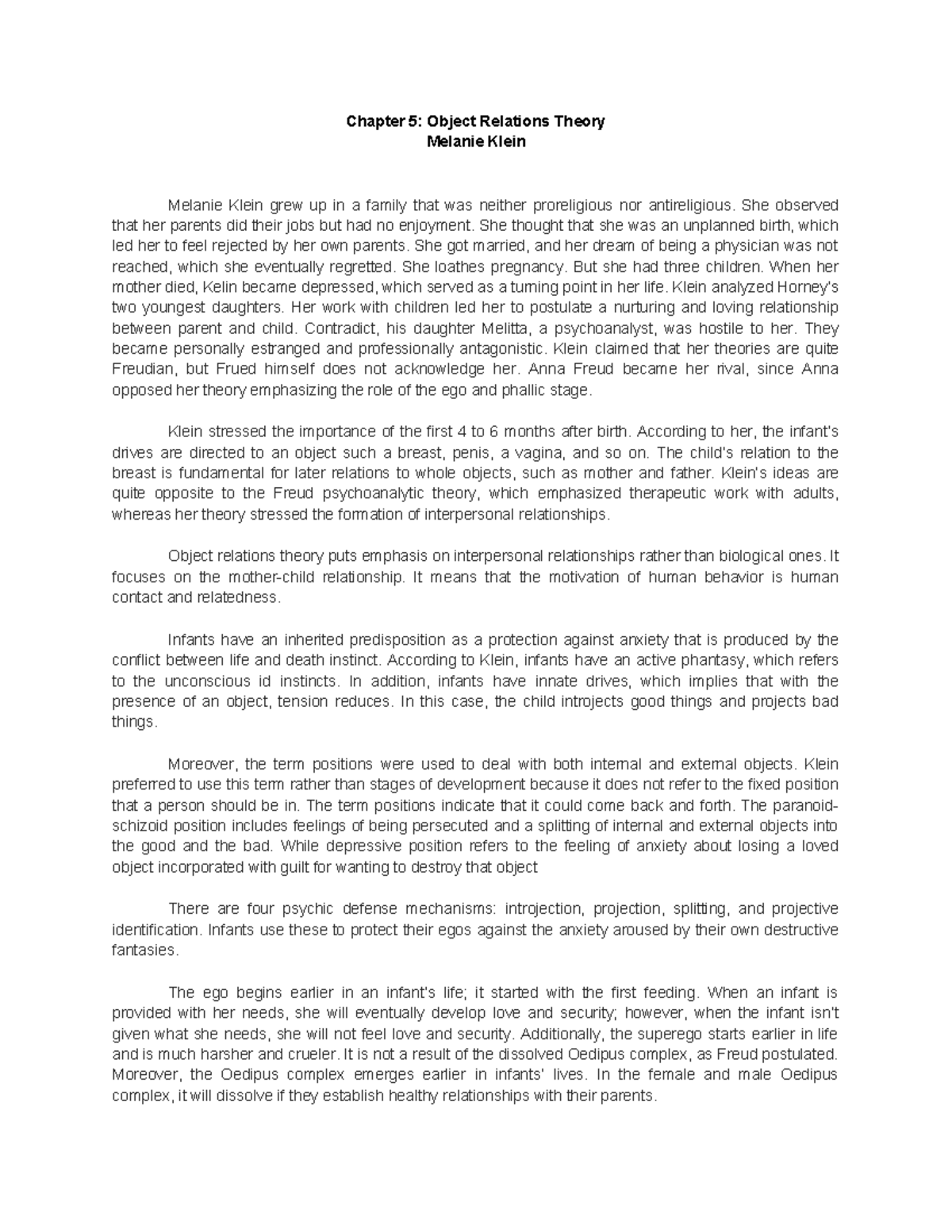 Chapter 5: Object Relations Theory - Melanie Klein Notes - Studocu
