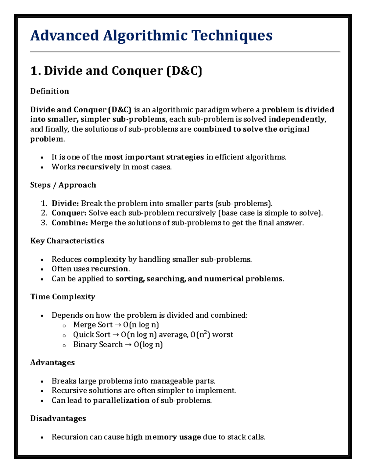 Advanced Algorithmic Techniques: Divide and Conquer, DP, Greedy Methods ...