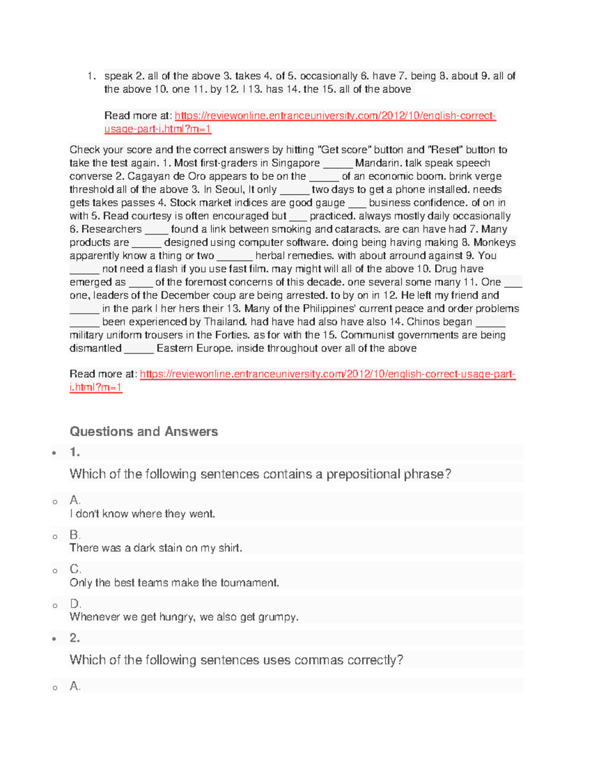 English Grammar Quiz - Course Code: ENG101 - Test Your Knowledge - Studocu