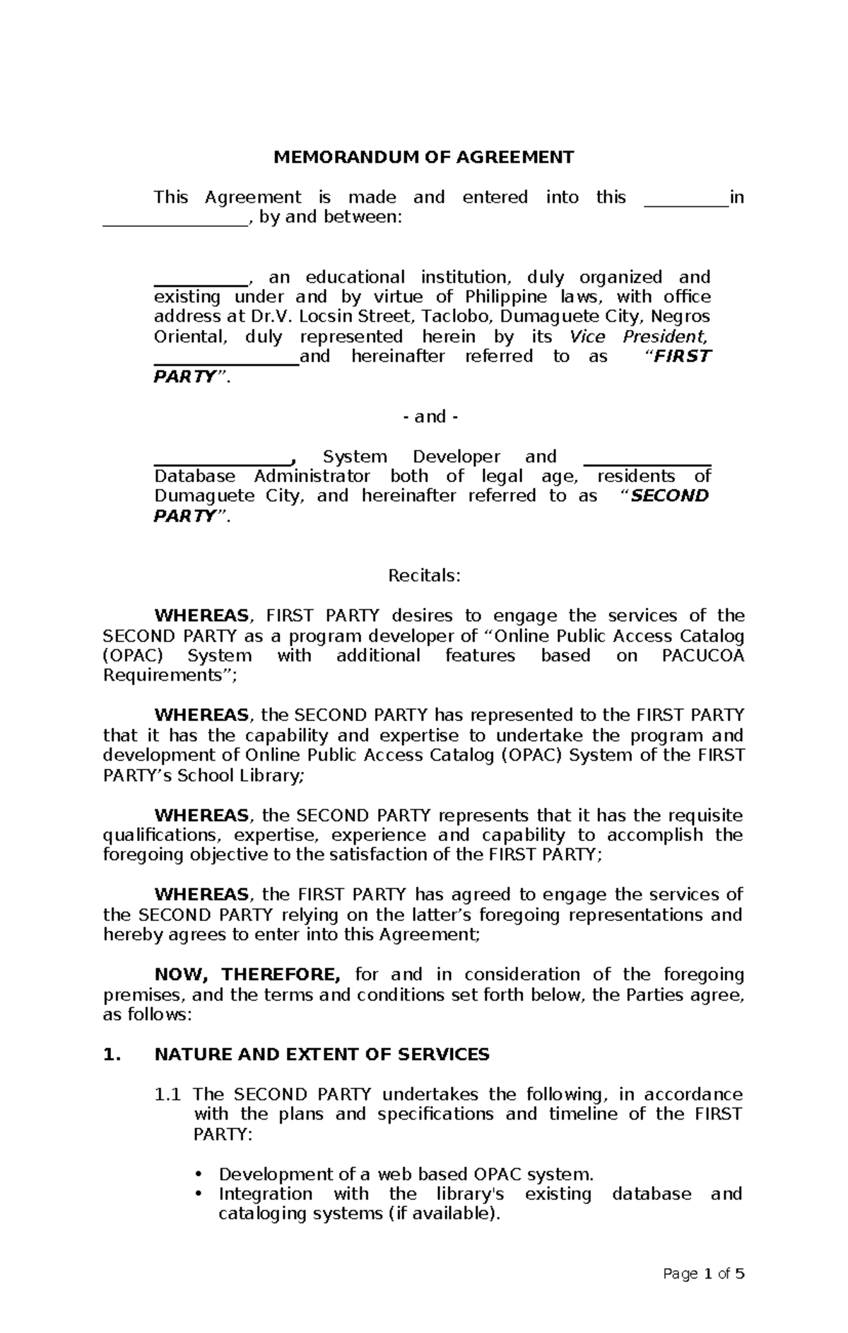 Sample MOA Library Sytem - MEMORANDUM OF AGREEMENT This Agreement is ...