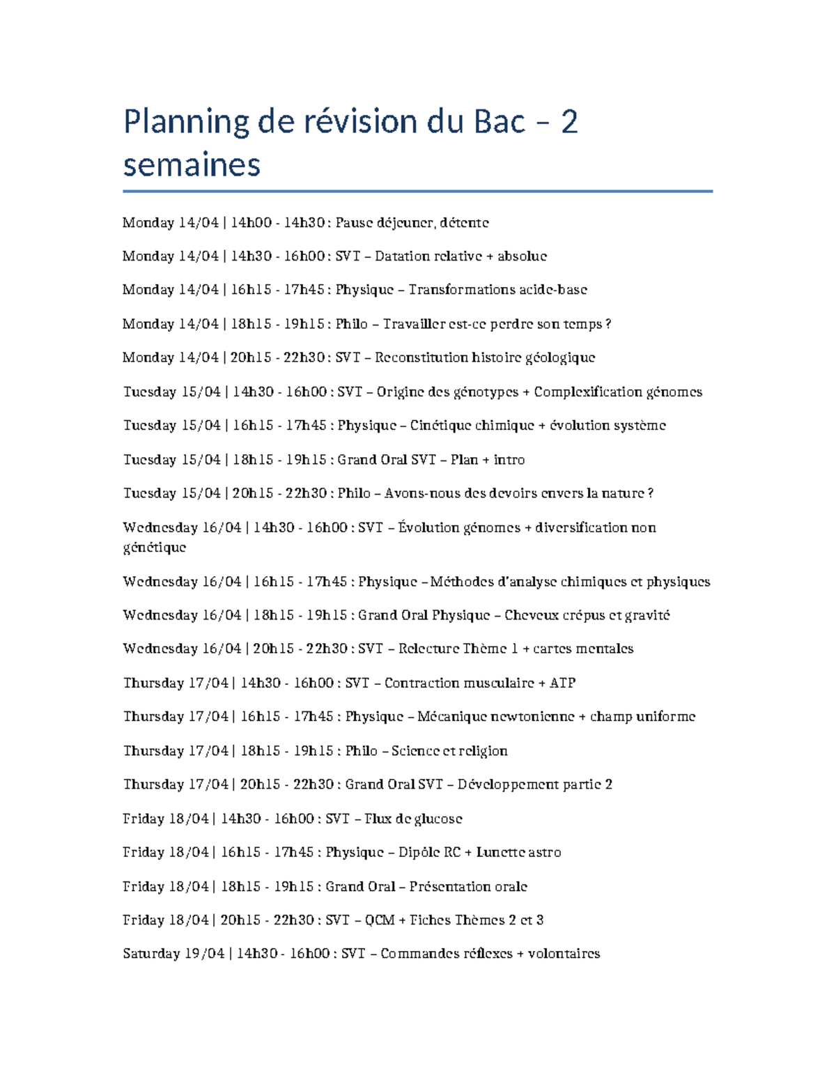 Planning Revisions Bac - Planning de révision du Bac – 2 semaines ...