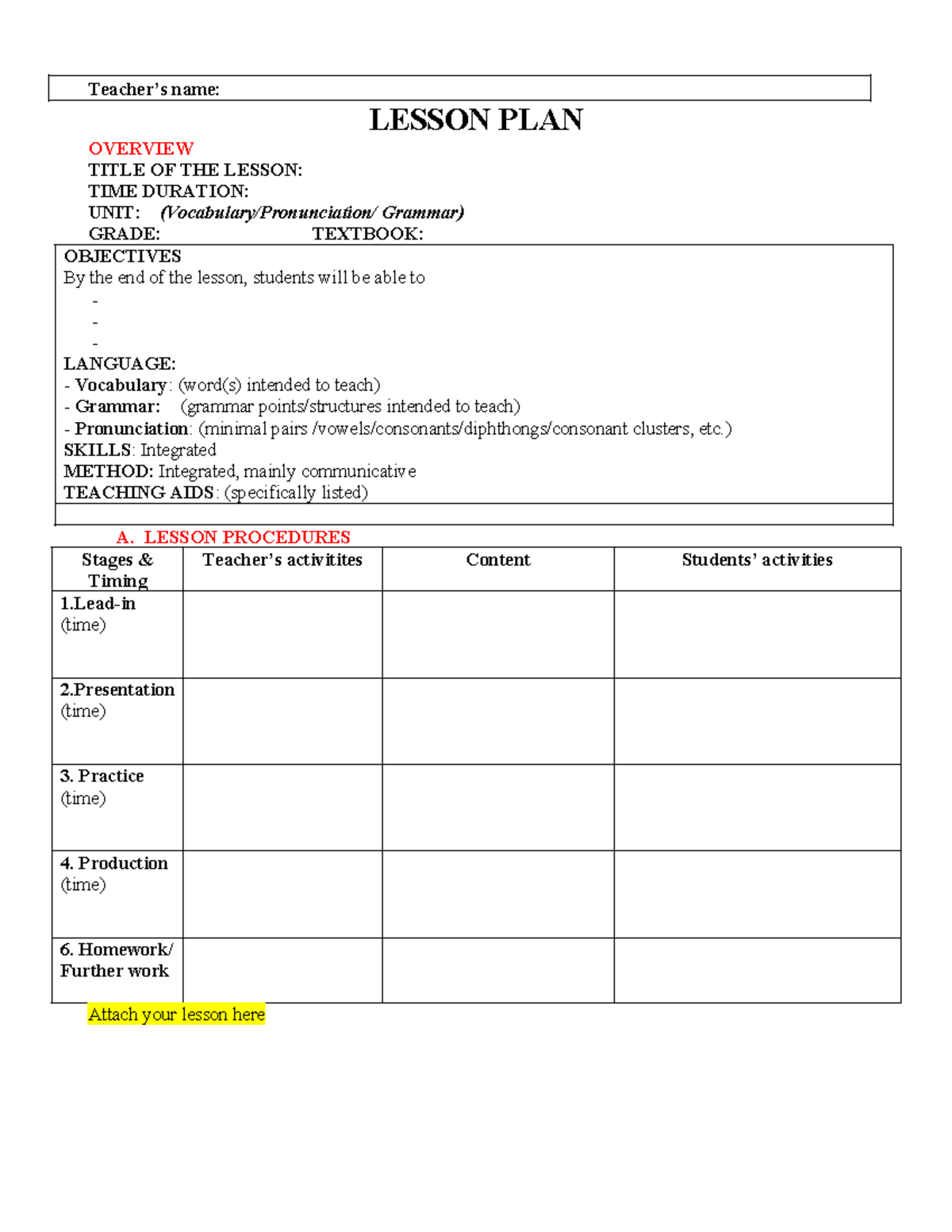 Lesson Plan Template Teaching Practice 1 Teacher S Name Lesson