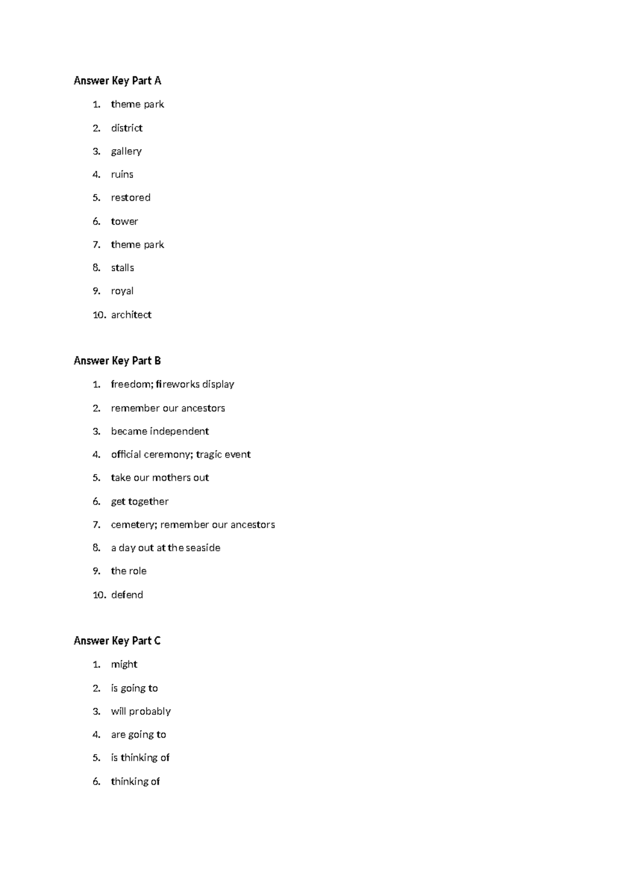 W3-4 STEP 3 Weekly REV ANS KEY - Answer Key Part A 1. theme park 2 ...