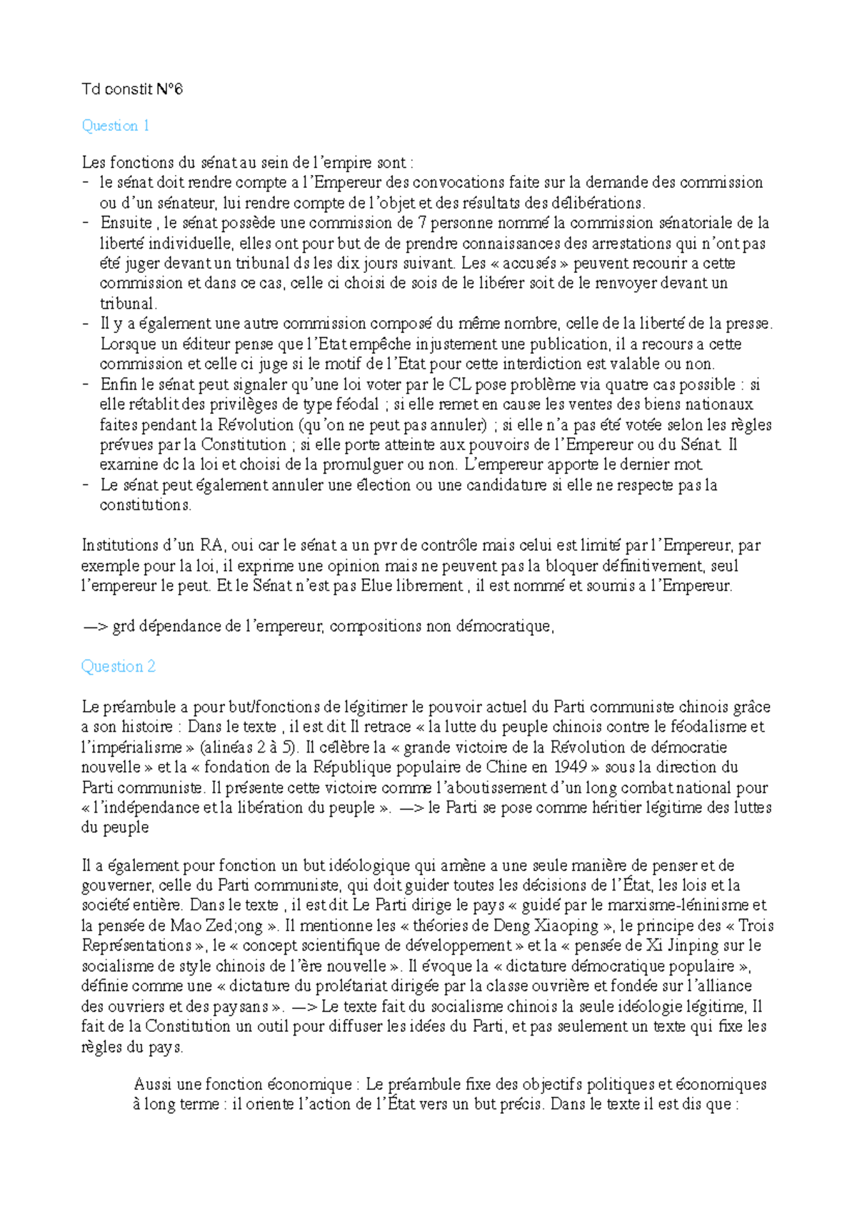 Td 6-7 Droit Constit: Fonctions du Sénat et Contrôle de ...