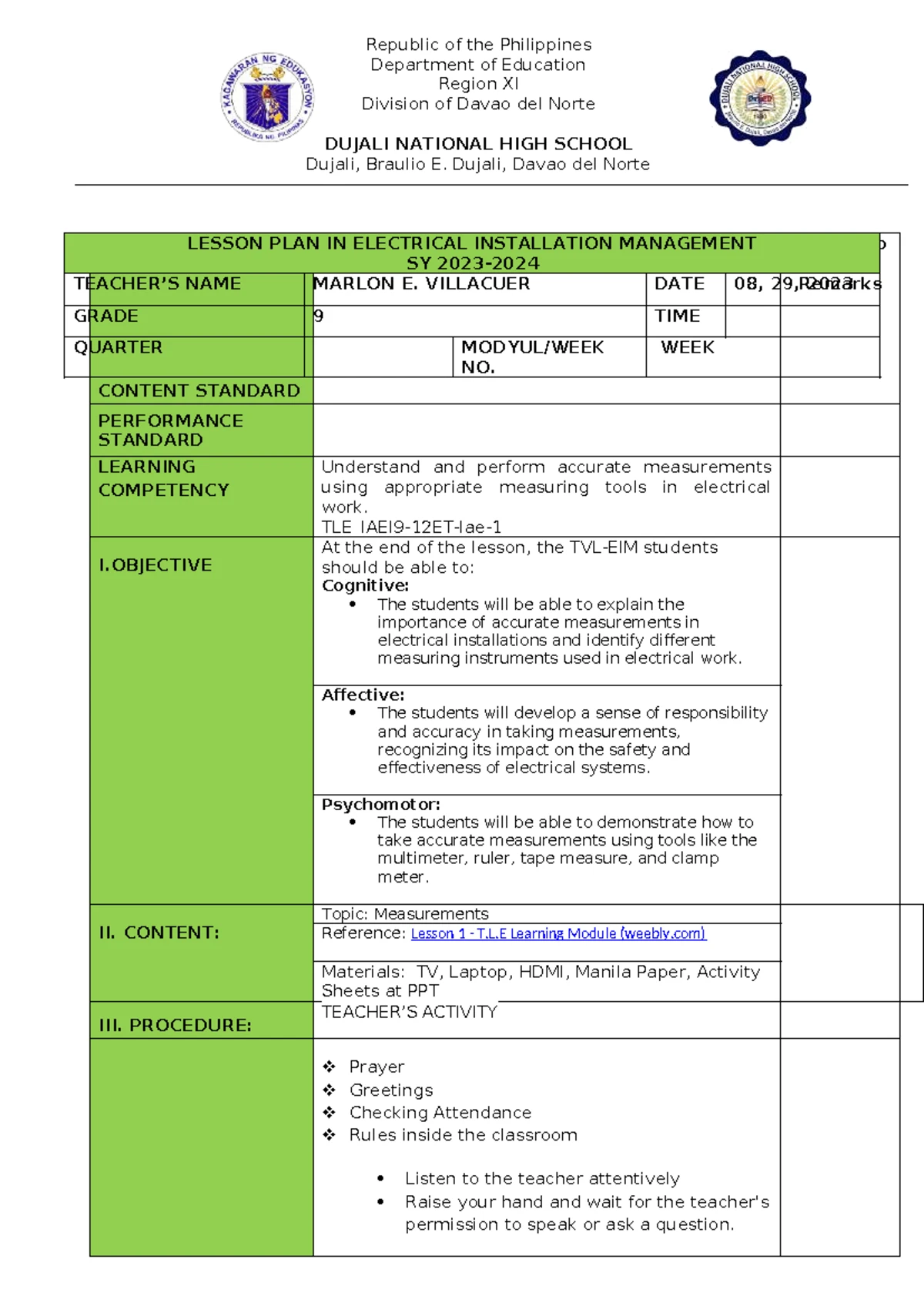 Grade 9 Lesson Plan: Electrical Installation Management (TLE) - Studocu