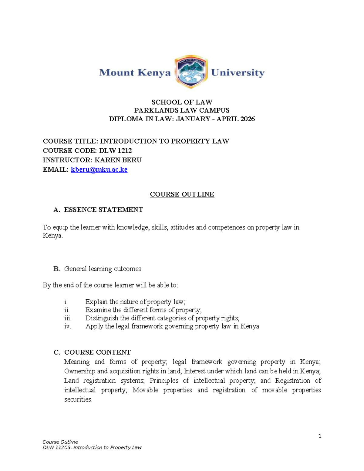 DLW 1212 Introduction to Property Law Course Outline (Jan-Apr 2026 ...