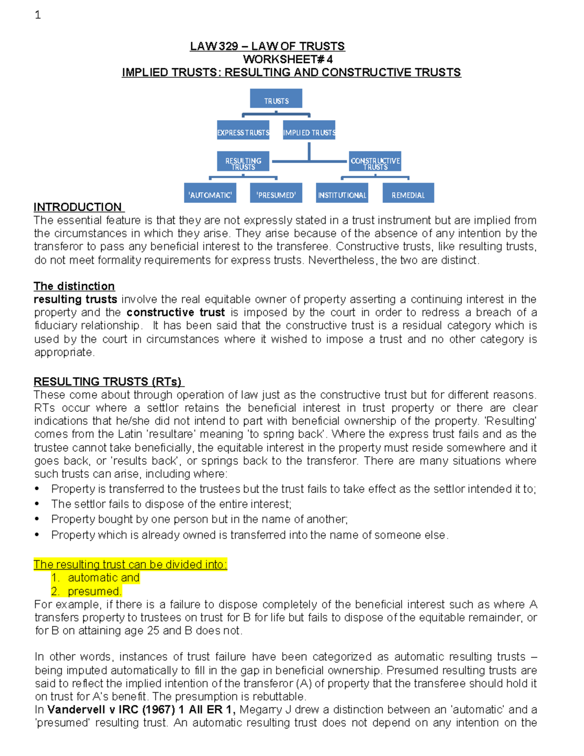 4-1 - LAW 329 - Implied Trusts - Resulting AND Constructive - LAW 329 ...