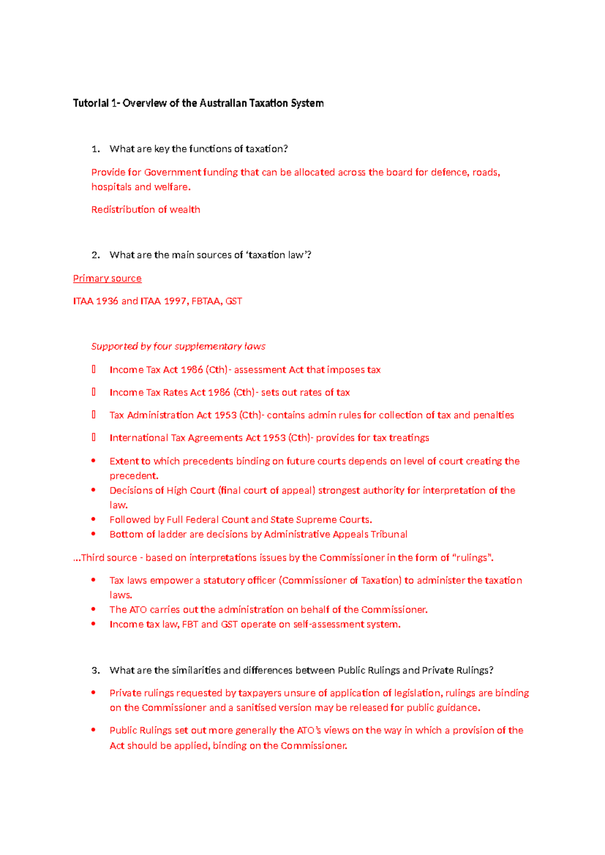 Tutorial 1- Overview of the Australian Taxation System Q&A - What are ...