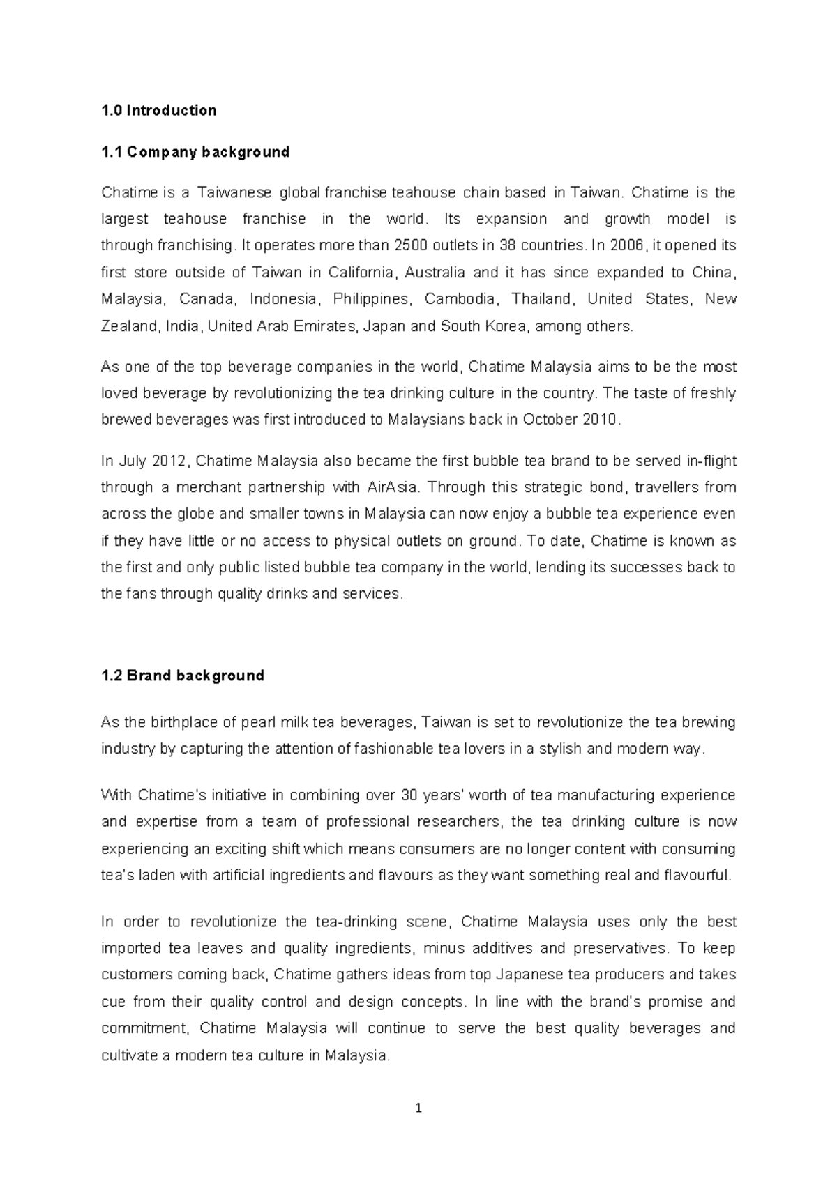 Report sale and marketing - 1 Introduction 1 Company background Chatime ...
