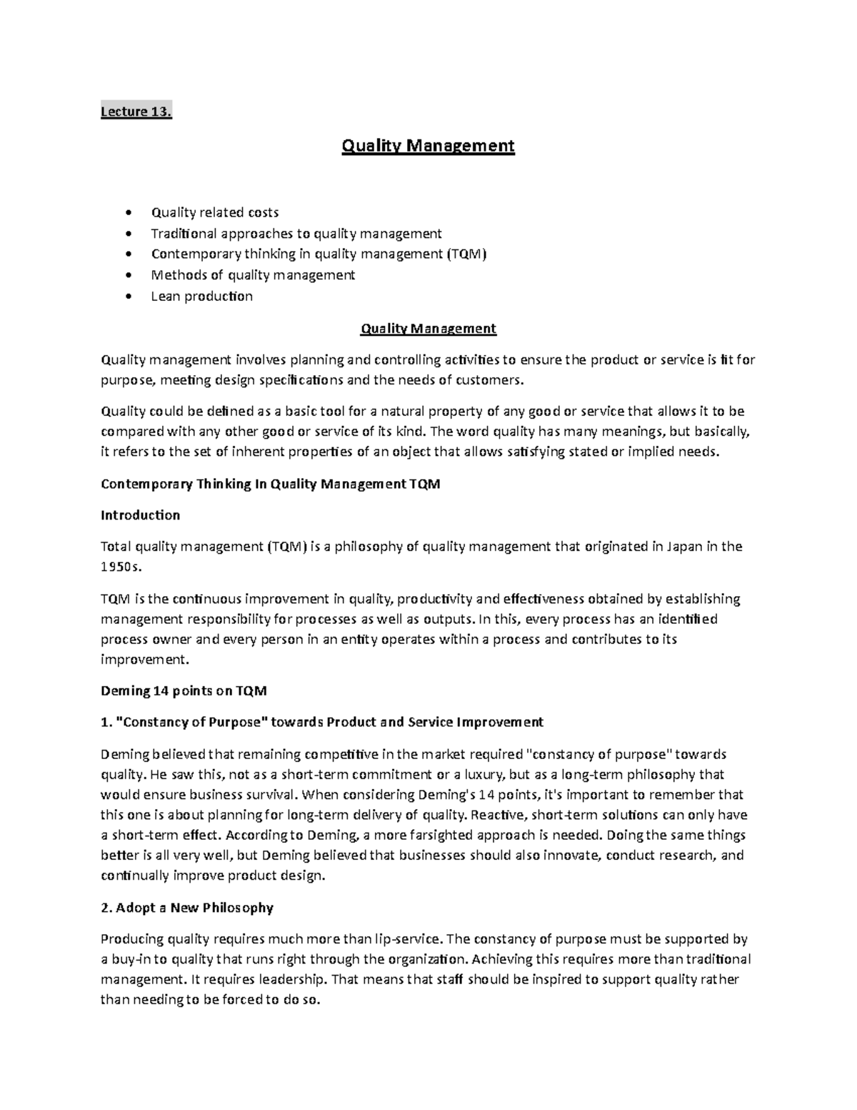 Chapter 02 TQM - Notes: Quality Management Principles and Practices ...