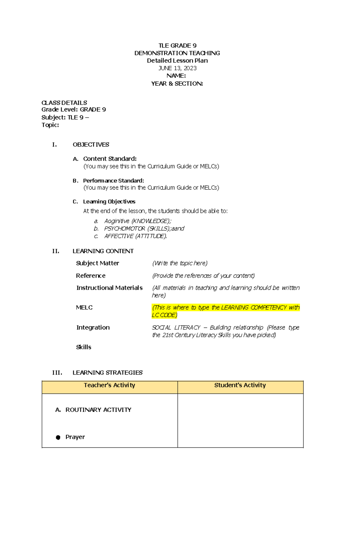 TLE 9 Grade 9 Demonstration Teaching Detailed Lesson Plan - Studocu