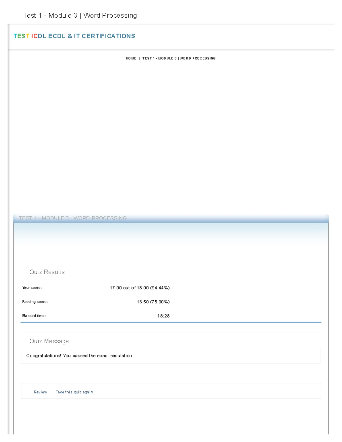 ICDL Test 2 - Module 3 Word Processing Exam Simulation Results - Studocu