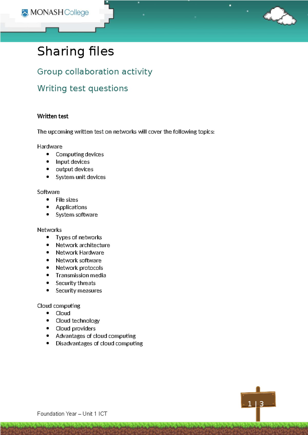 Foundation Year Unit 1 ICT: Writing Test Questions for Networks - Studocu