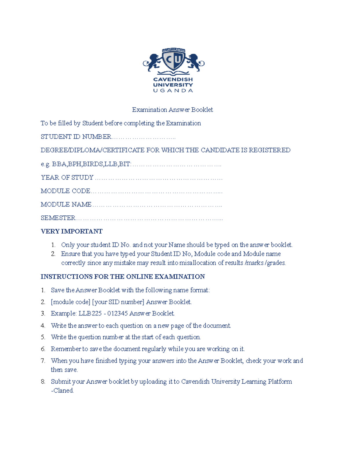 LAW OF TORT 2022 - Online Examination Answer Booklet Guidelines - Studocu