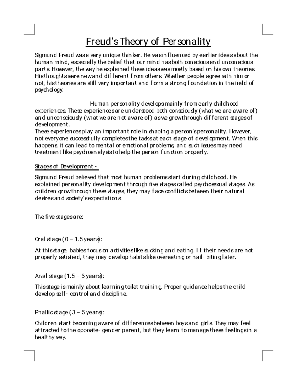 Notes on Freud's Theory of Personality (PSY 101) - Studocu