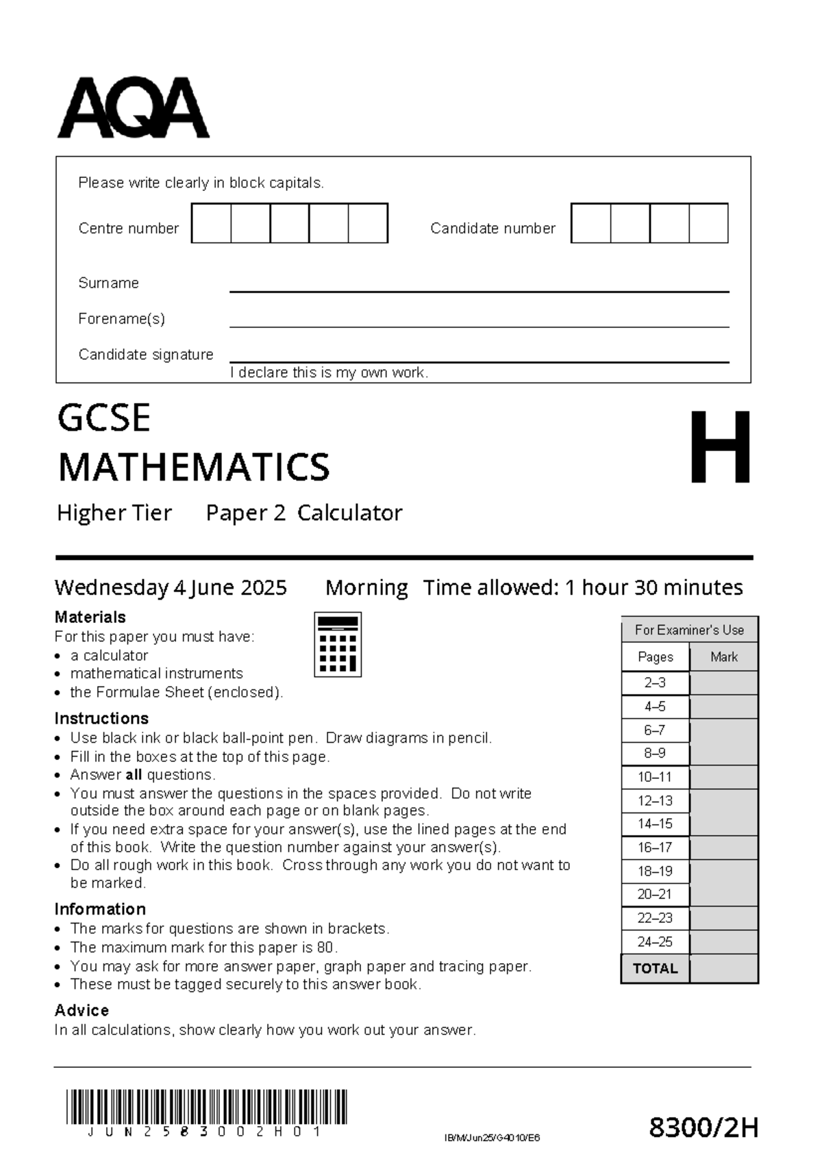 GCSE MATHEMATICS Higher Tier Paper 2 - June 2025 Exam Guide - Studocu