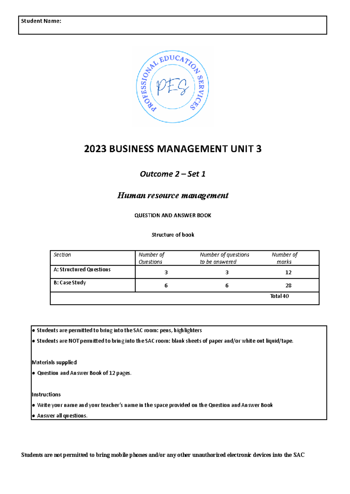3.2 Set 1 BM 2023 Question Book - Student Name: 2023 BUSINESS ...