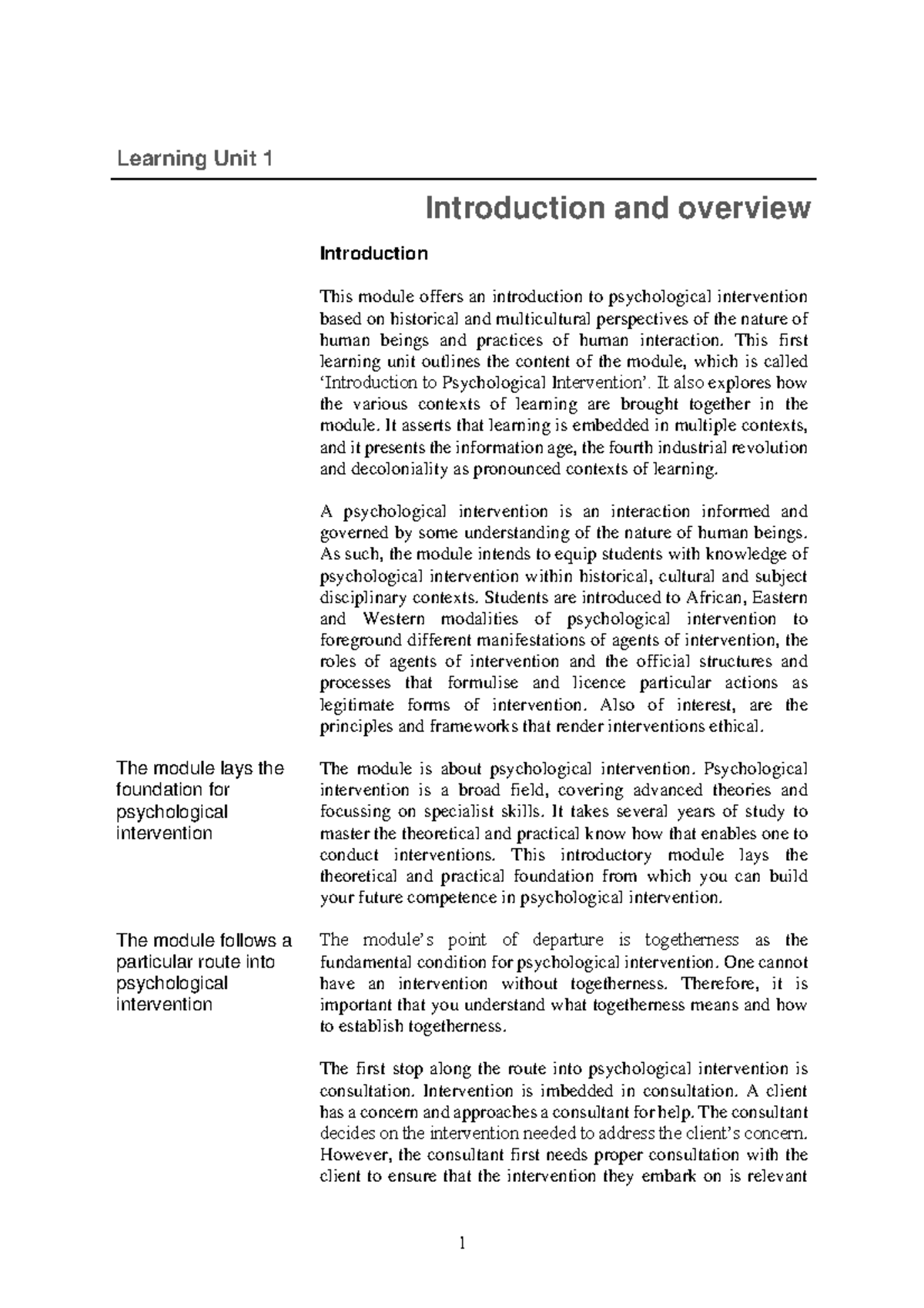 PYC1513 Introduction to Psychological Intervention - Unit 1 Overview ...