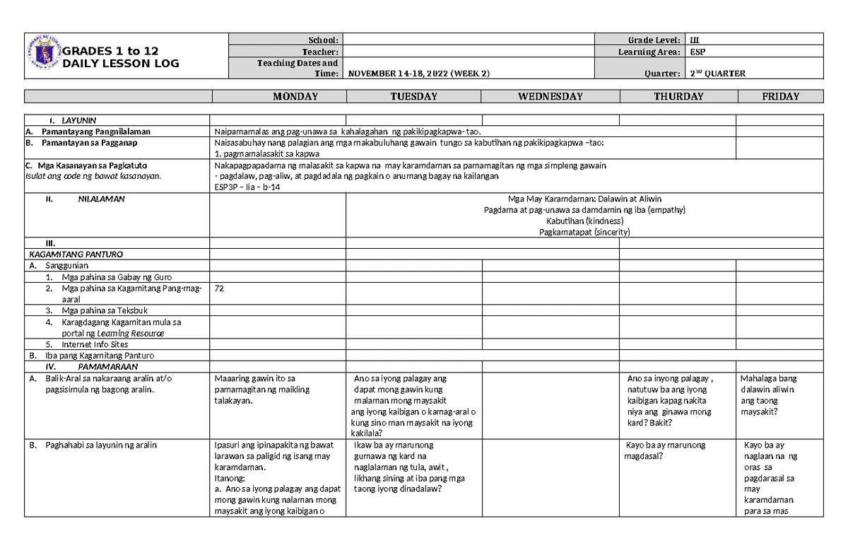 DLL ESP 3 Q2 W3 - Daily Lesson Log for Grade III - Studocu