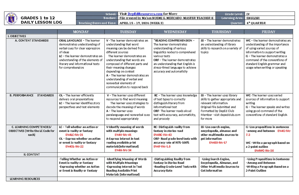 DLL English 4 Q4 W2 - Daily Lesson Log for Grade IV Teachers - Studocu