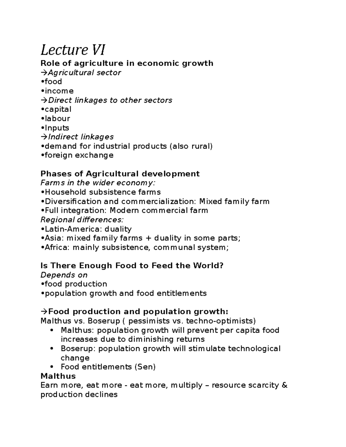Lecture VI: Role of Agriculture in Economic Growth - Global Development ...