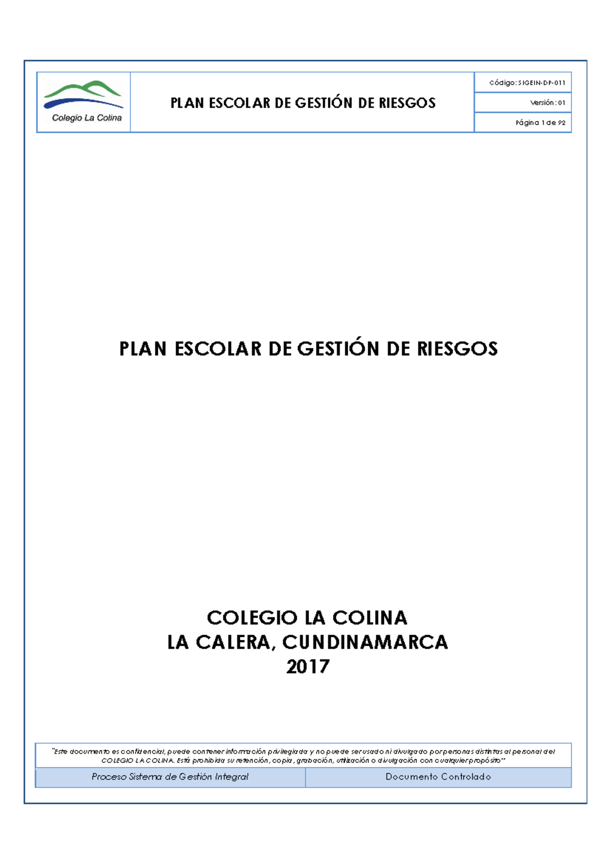 Plan Escolar de Gestión de Riesgos - Colegio La Colina La Calera - Document Preview