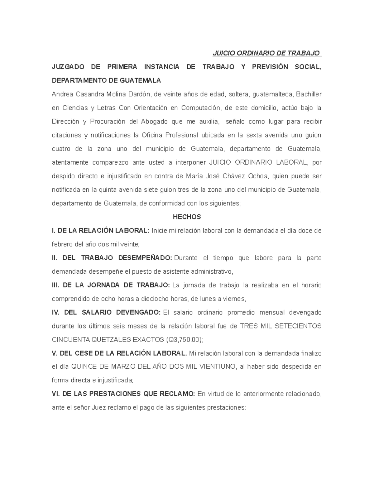 Demanda Laboral por Despido Injustificado - Juicio Ordinario Laboral - Document Preview