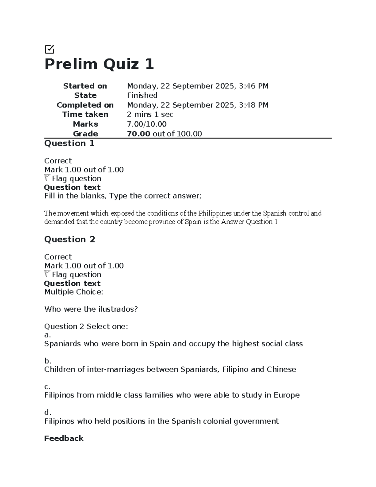Rizal Prelim Quiz 1 Attempt Review and Results - Studocu