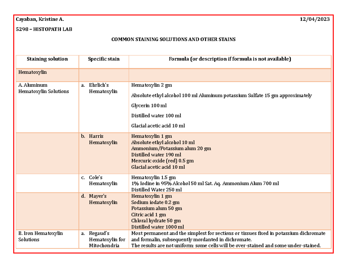 HISTOPATH LAB 5298: Guide to Common Staining Solutions - Studocu