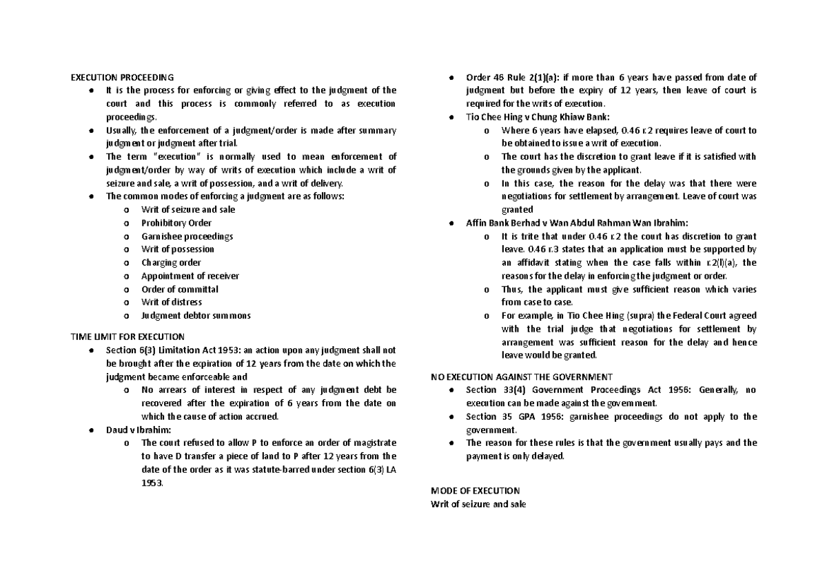 Execution Proceedings Notes for Civil Procedure (SEM 8) - Studocu