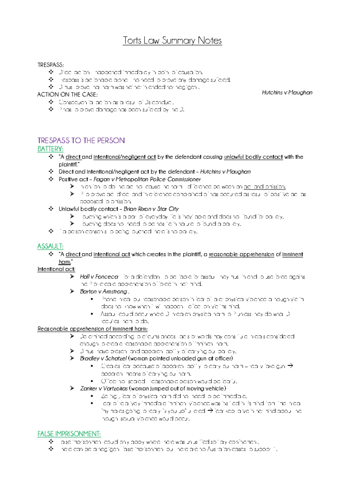 TORT LAW NOTES: Trespass to Person Overview and Key Cases - Studocu