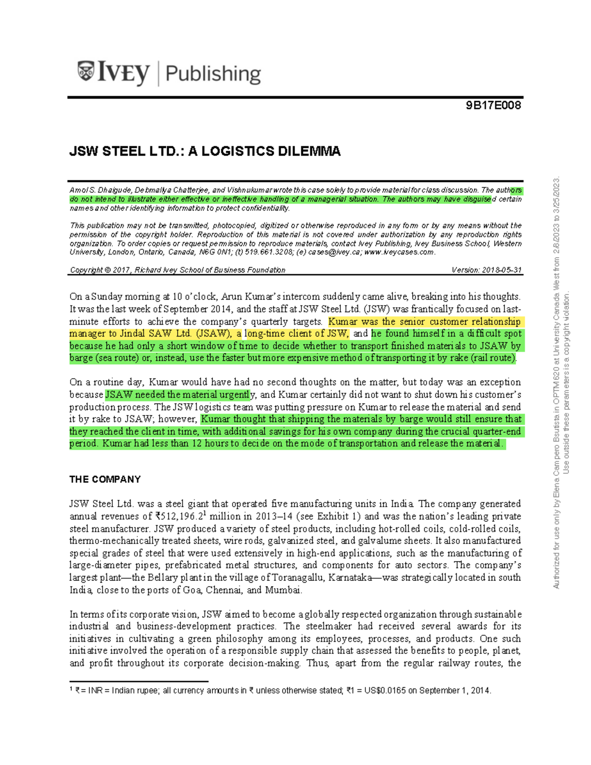 9B17E008 pcu - Assignment II - Case Study: JSW Steel's Logistics ...