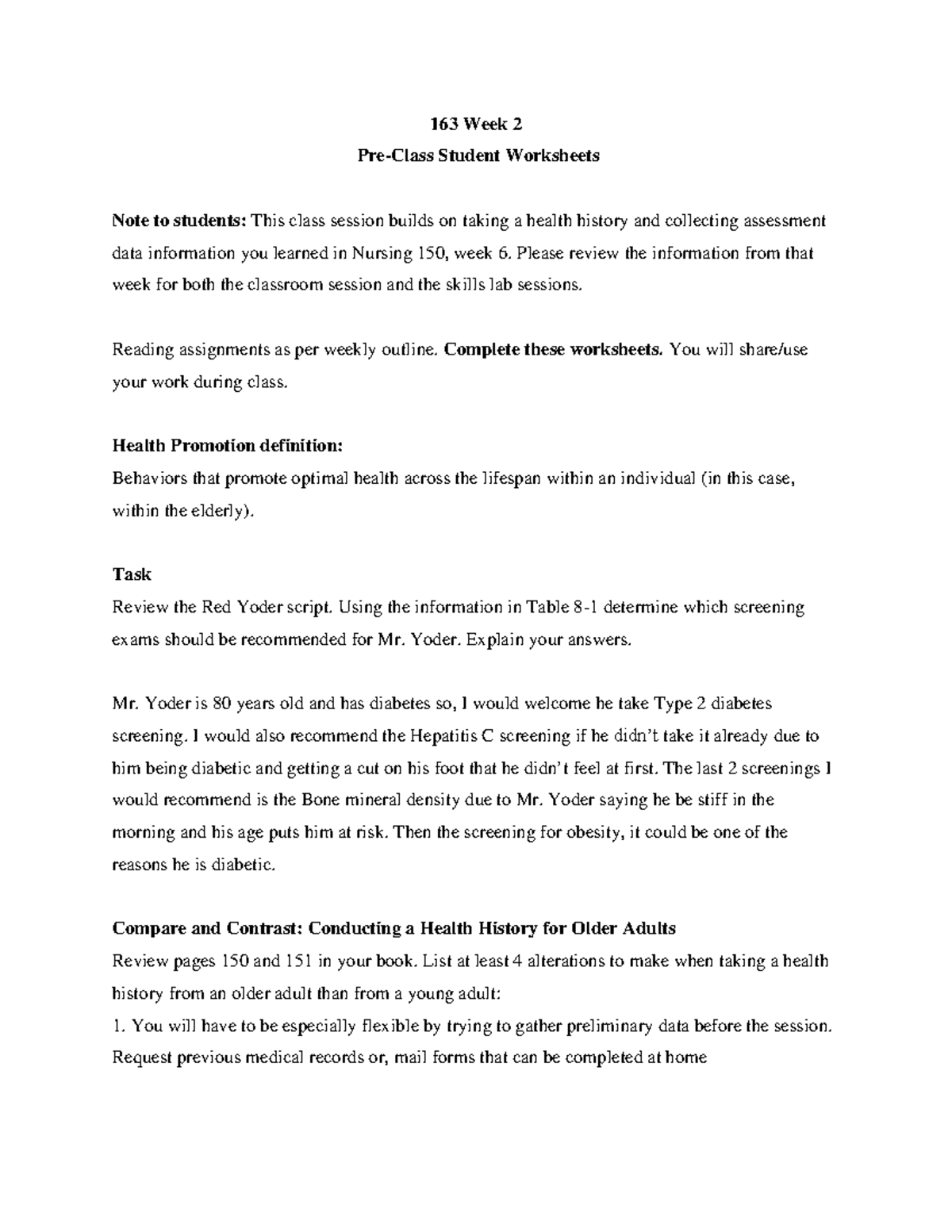 NUR 163 Week 2 Pre-Class Assignments and Health History Insights - Studocu