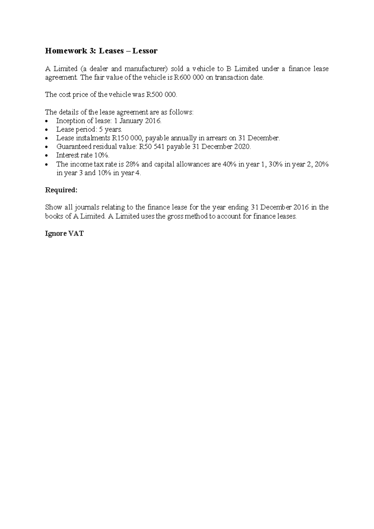 Homework 3: Finance Lease Journals for Lessor (A Limited) - Studocu