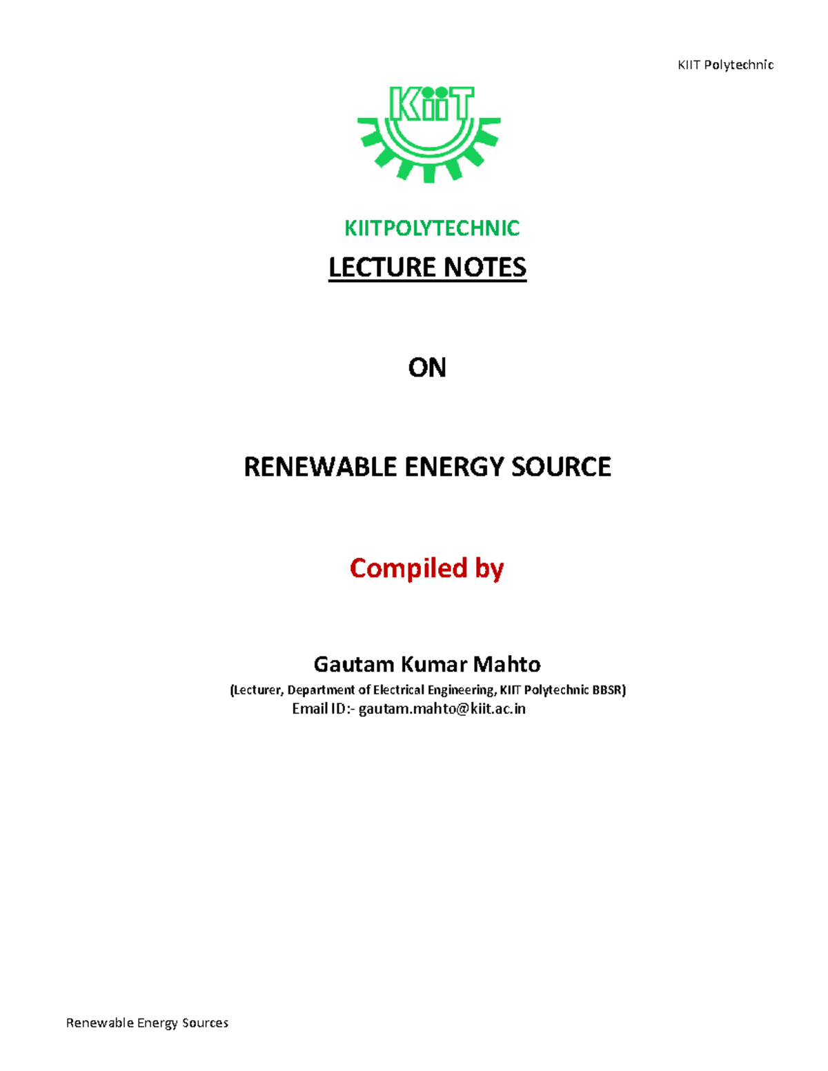 KIITPOLYTECHNIC LECTURE NOTES ON RENEWABLE ENERGY SOURCES - Studocu