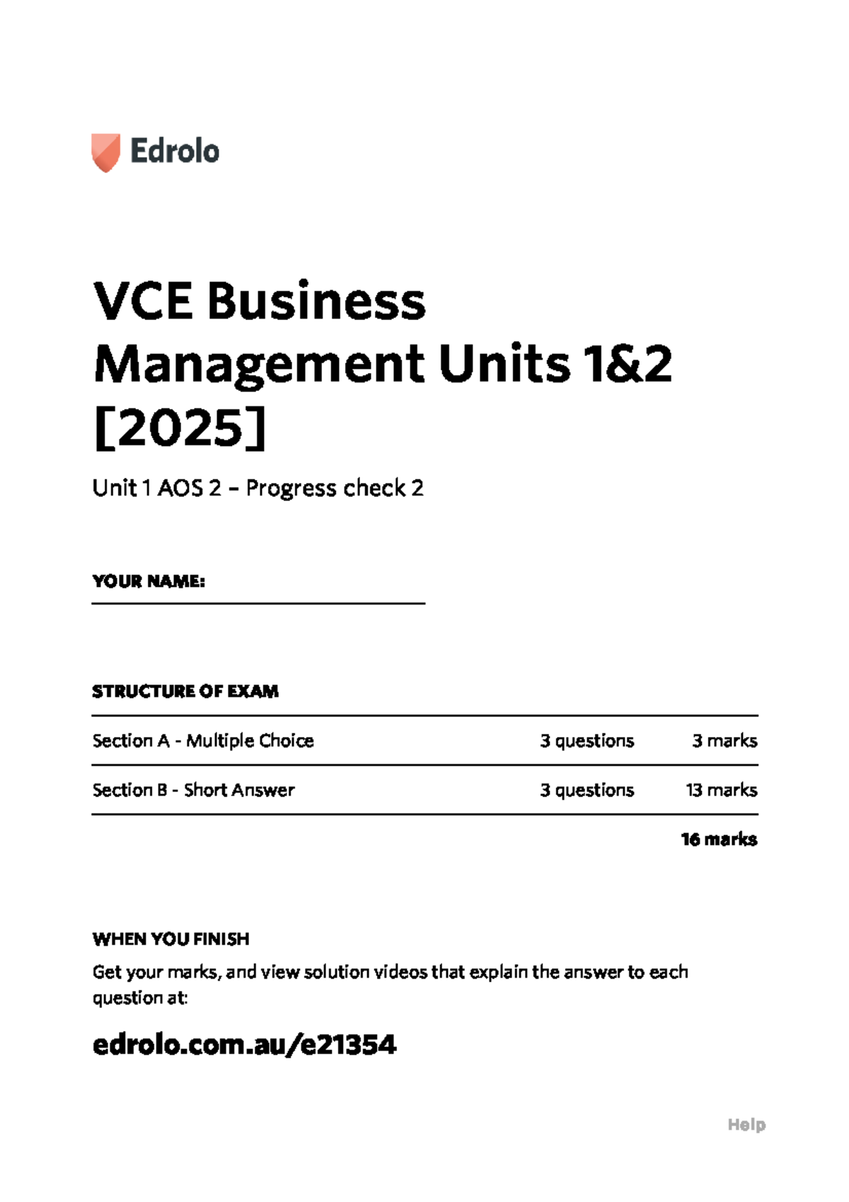 VCE Business Management Unit 1 AOS 2 Progress Check 2 Exam Structure ...